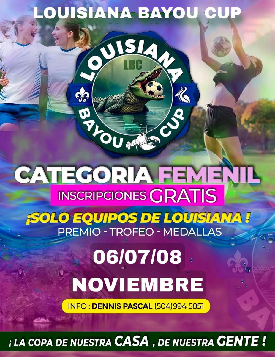 Flyer Categoría Femenil: inscripciones gratis, solo equipos de Louisiana, premio, trofeo y medallas